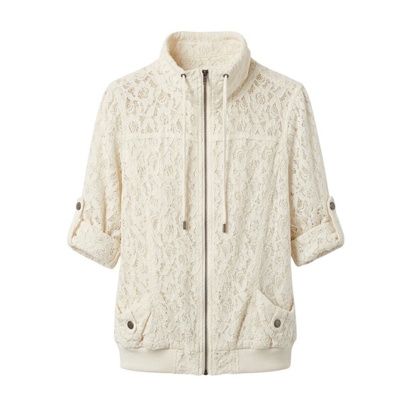 American Rag Jackets & Blazers - American Rag Womens XL Ivory Floral Lace Zip Up Bomber Jacket Short Sleeve Cream